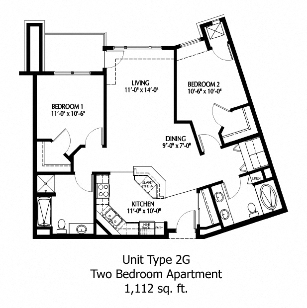 Floor plan for 2 beds, 2 baths, 1112 sqft